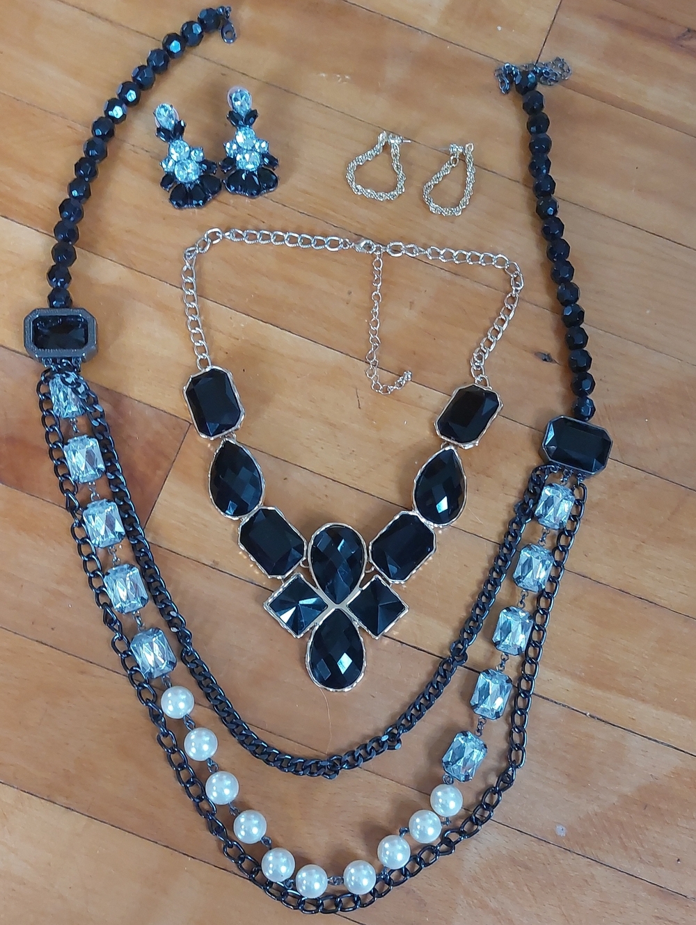 Black Statement Jewelry Set - Multi-Strand & Bib Necklaces with Gold Earrings